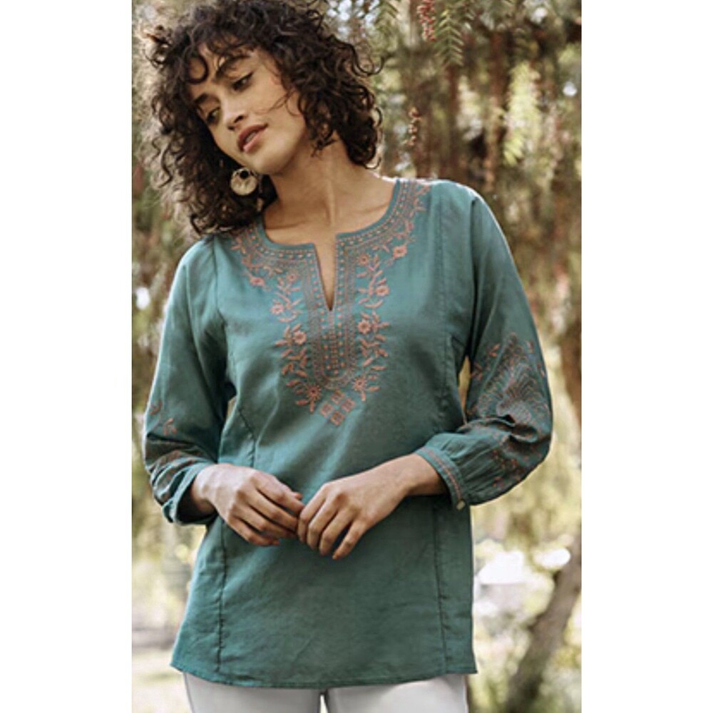 J Jill Detailed Embroidery Soft Cotton Twill Top V Neck Boho Blue/Tan XL $99 - Picture 2 of 10